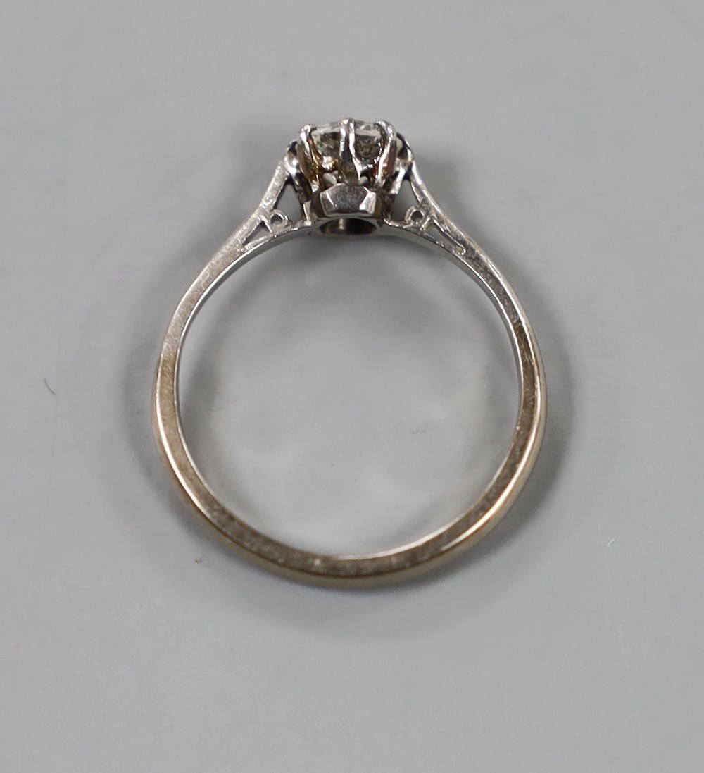 An 18ct and solitaire diamond ring, the stone weighing approx. 0.30ct, size J, gross weight 2.3 grams.